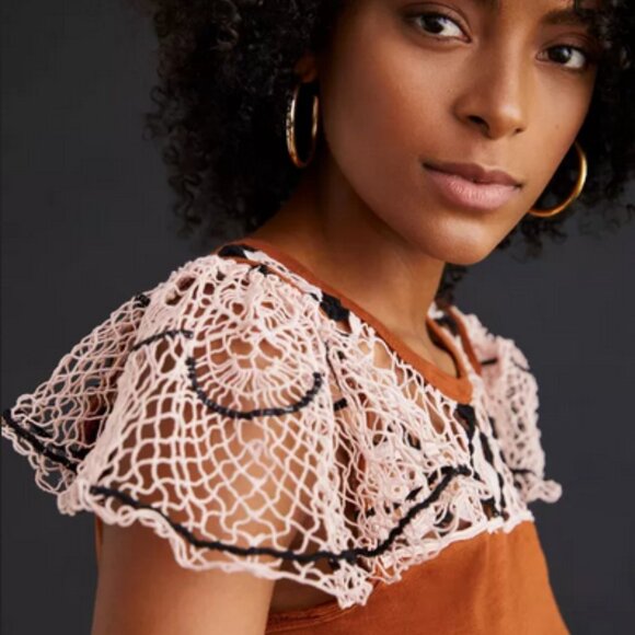 By Anthropologie Flutter Sleeve Top Crochet Embroidered Cedar S - Picture 3 of 7